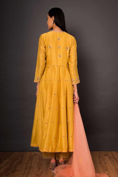 Shop Shikha Mehta Yellow Organza, Chanderi Round Anarkali Set at Aza Fashions Shop_Shikha Mehta_Yellow Organza, Chanderi Round Anarkali Set _at_Aza_Fashions