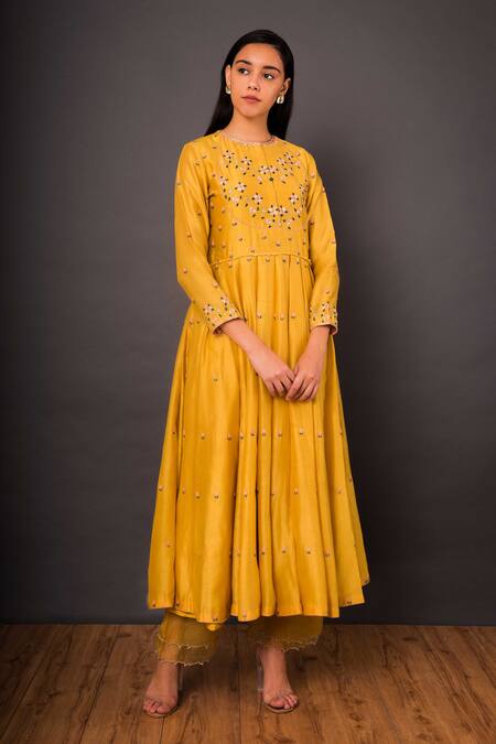 Shikha Mehta Yellow Organza, Chanderi Round Anarkali Set Online at Aza Fashions Shikha Mehta_Yellow Organza, Chanderi Round Anarkali Set _Online_at_Aza_Fashions