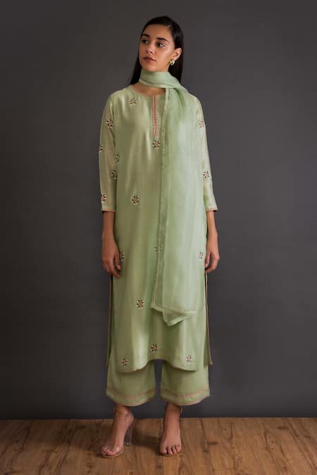 Shikha Mehta Green Chanderi Round Kurta Set 