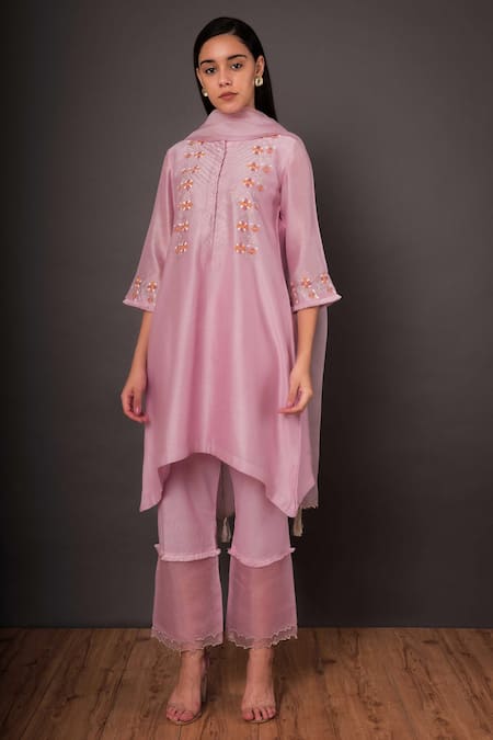 Shikha Mehta Purple Organza, Chanderi Round Kurta Set 