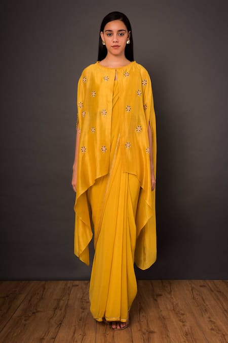 Shikha Mehta Yellow Chanderi, Georgette Round Saree With Cape Set Online at Aza Fashions Shikha Mehta_Yellow Chanderi, Georgette Round Saree With Cape Set _Online_at_Aza_Fashions