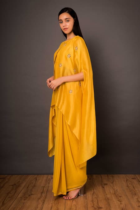 Buy Shikha Mehta Yellow Chanderi, Georgette Round Saree With Cape Set Online at Aza Fashions Buy_Shikha Mehta_Yellow Chanderi, Georgette Round Saree With Cape Set _Online_at_Aza_Fashions