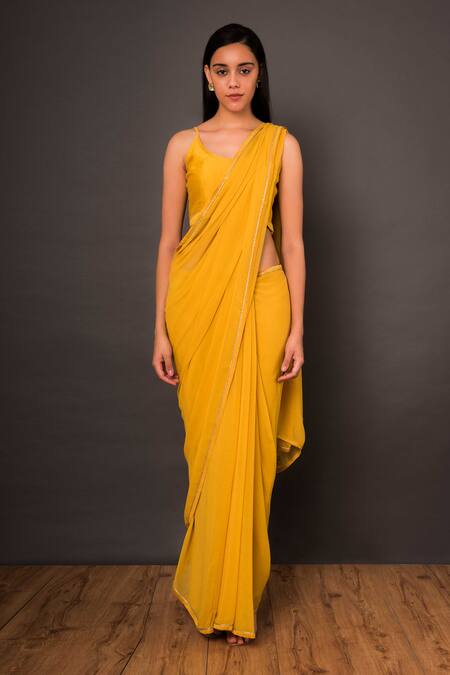 Shop Shikha Mehta Yellow Chanderi, Georgette Round Saree With Cape Set Online at Aza Fashions Shop_Shikha Mehta_Yellow Chanderi, Georgette Round Saree With Cape Set _Online_at_Aza_Fashions
