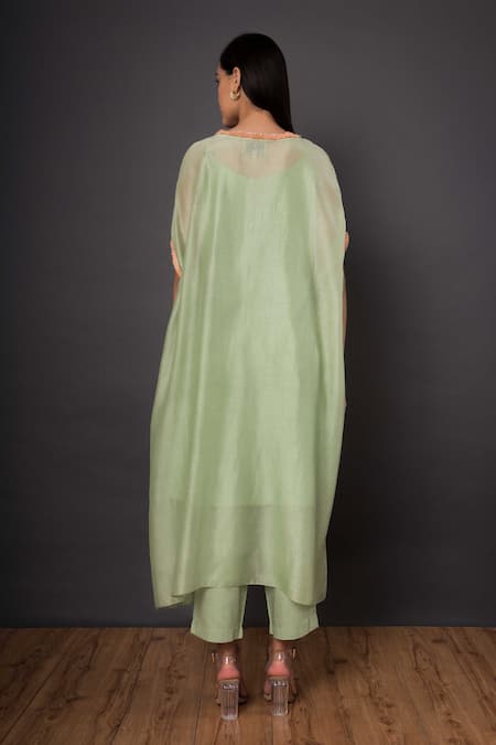 Shop Shikha Mehta Green Chanderi, Mulmul V Neck Kurta And Pant Set at Aza Fashions Shop_Shikha Mehta_Green Chanderi, Mulmul V Neck Kurta And Pant Set _at_Aza_Fashions