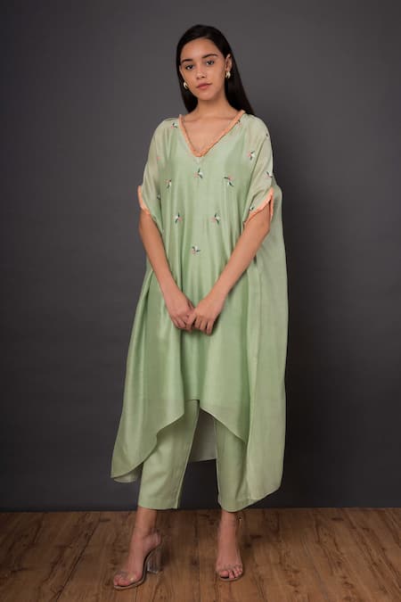 Shikha Mehta Green Chanderi, Mulmul V Neck Kurta And Pant Set Online at Aza Fashions Shikha Mehta_Green Chanderi, Mulmul V Neck Kurta And Pant Set _Online_at_Aza_Fashions