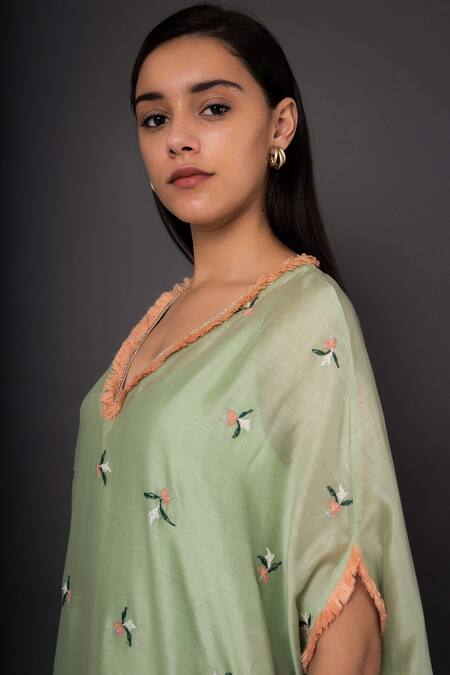 Shop Shikha Mehta Green Chanderi, Mulmul V Neck Kurta And Pant Set Online at Aza Fashions Shop_Shikha Mehta_Green Chanderi, Mulmul V Neck Kurta And Pant Set _Online_at_Aza_Fashions