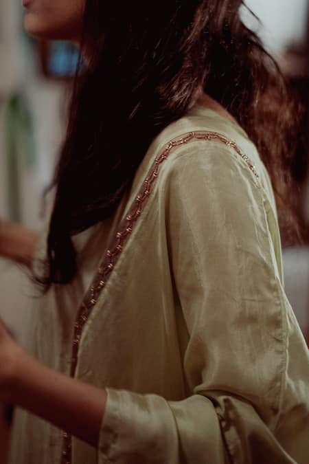 Dot_Green Organza, Habutai Silk V Neck Kurta And Pant Set _Online_at_Aza_Fashions