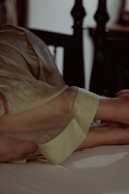 Shop_Dot_Green Organza, Habutai Silk V Neck Kurta And Pant Set _Online_at_Aza_Fashions