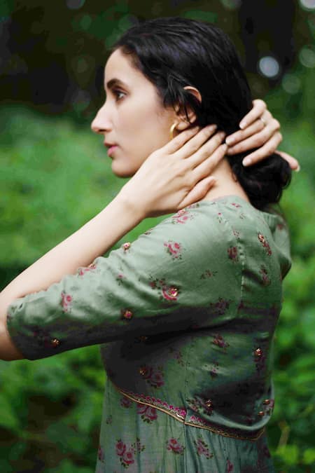 Shop_Dot_Green Cotton Silk V Neck Embroidered Anarkali _Online_at_Aza_Fashions