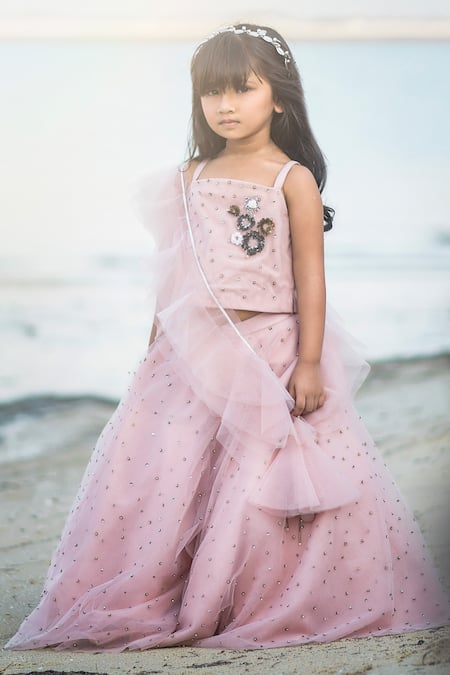 Swati Golyan Pink Tulle Embroidery, Beads Chanderi Lehenga Set 