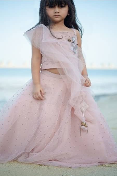 Shop Swati Golyan Pink Tulle Embroidery, Beads Chanderi Lehenga Set at Aza Fashions Shop_Swati Golyan_Pink Tulle Embroidery, Beads Chanderi Lehenga Set _at_Aza_Fashions