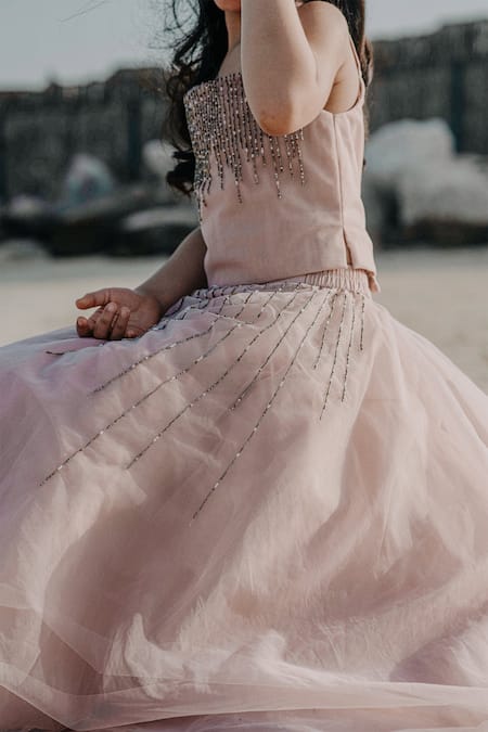 Shop Swati Golyan Pink Tulle Beads, Cut Work Embroidered Chanderi Lehenga Set at Aza Fashions Shop_Swati Golyan_Pink Tulle Beads, Cut Work Embroidered Chanderi Lehenga Set _at_Aza_Fashions