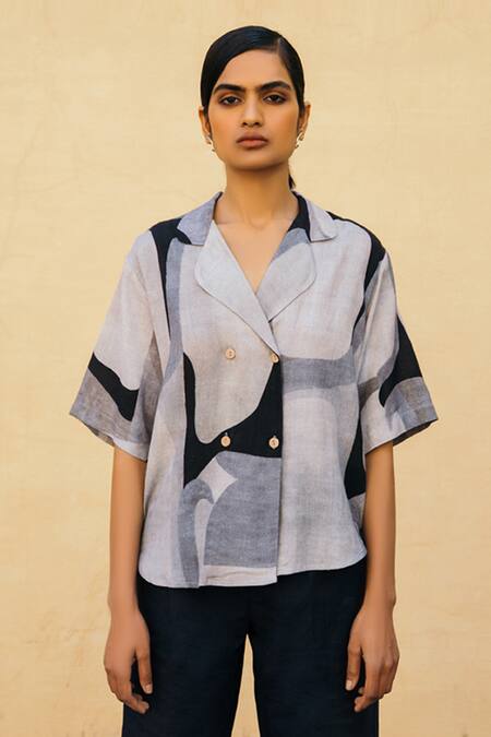 Cord_Grey Cotton Rayon Lapel Collar Marble Print Shirt_Online_at_Aza_Fashions