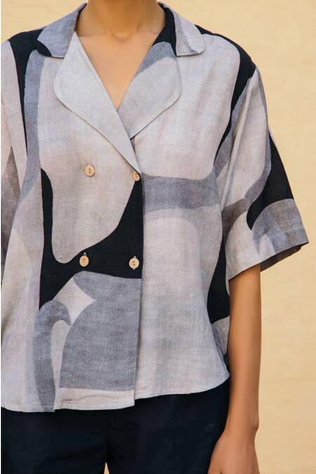 Buy_Cord_Grey Cotton Rayon Lapel Collar Marble Print Shirt_Online_at_Aza_Fashions