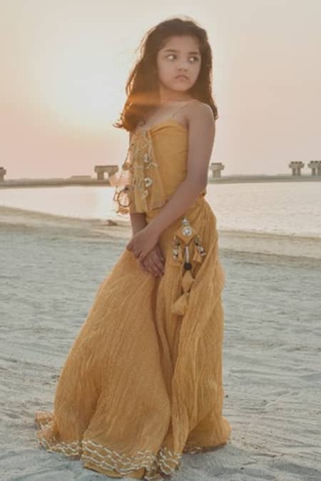 Swati Golyan Yellow Kota Doria Tassels, Embroidery Chanderi Lehenga Set 