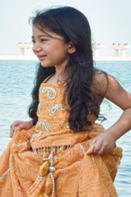 Shop Swati Golyan Yellow Tulle Tassels, Embroidery Chanderi Lehenga Set at Aza Fashions Shop_Swati Golyan_Yellow Tulle Tassels, Embroidery Chanderi Lehenga Set _at_Aza_Fashions