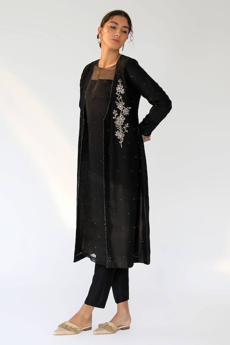 Shikha Mehta Black Chanderi, Silk Organza Round Jacket And Pant Set