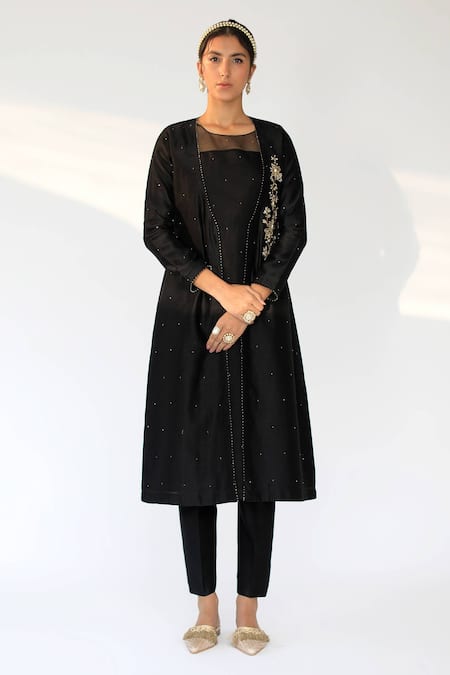 Shop Shikha Mehta Black Chanderi, Silk Organza Round Jacket And Pant Set at Aza Fashions Shop_Shikha Mehta_Black Chanderi, Silk Organza Round Jacket And Pant Set_at_Aza_Fashions