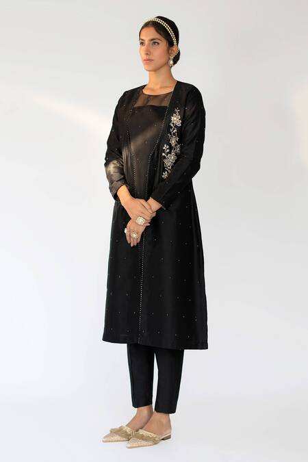 Shikha Mehta Black Chanderi, Silk Organza Round Jacket And Pant Set Online at Aza Fashions Shikha Mehta_Black Chanderi, Silk Organza Round Jacket And Pant Set_Online_at_Aza_Fashions