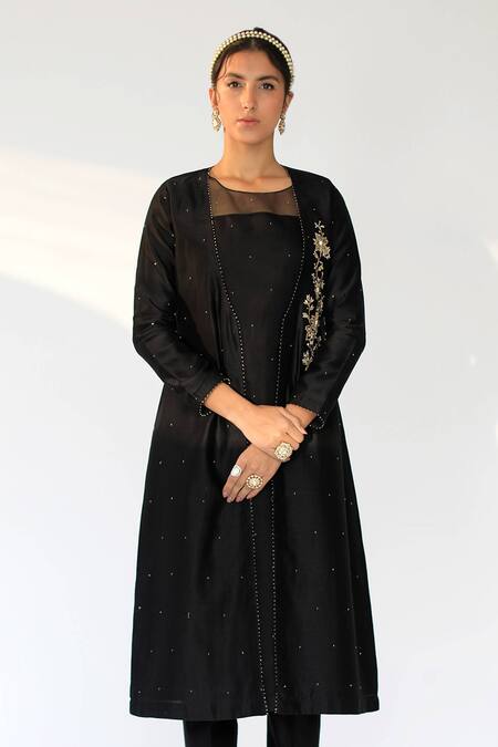 Shop Shikha Mehta Black Chanderi, Silk Organza Round Jacket And Pant Set Online at Aza Fashions Shop_Shikha Mehta_Black Chanderi, Silk Organza Round Jacket And Pant Set_Online_at_Aza_Fashions