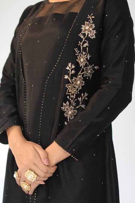 Shikha Mehta Black Chanderi, Silk Organza Round Jacket And Pant Set at Aza Fashions Shikha Mehta_Black Chanderi, Silk Organza Round Jacket And Pant Set_at_Aza_Fashions