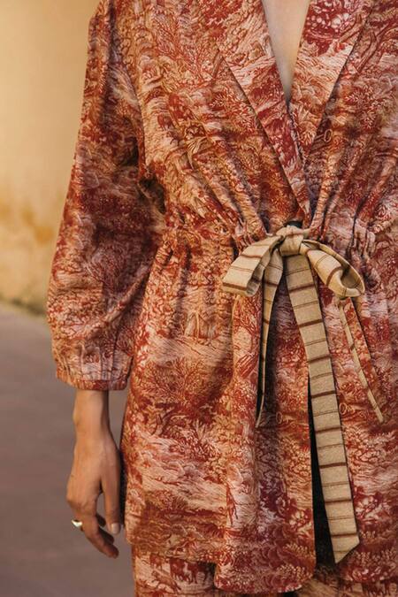 Cord_Brown Rayon Lapel Collar Toile Print Blazer_Online_at_Aza_Fashions