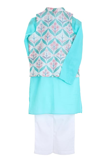 Shop_MI Dulce AN'YA_White Silk, Gingham, Gabardine Floral Printed Bundi Kurta Set _at_Aza_Fashions