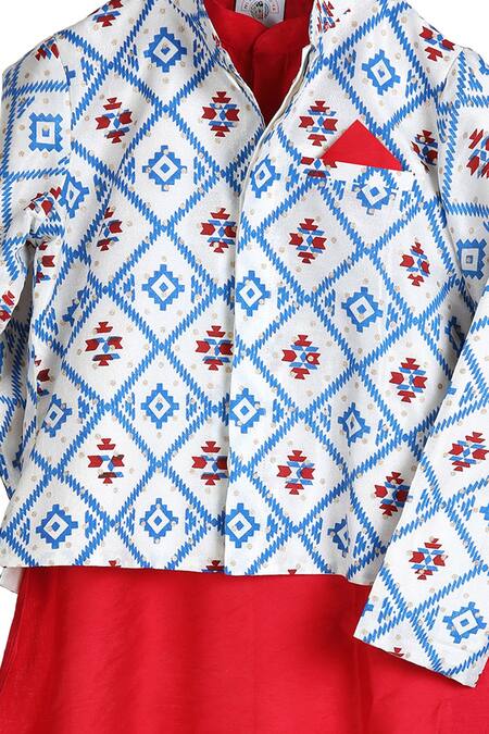 MI Dulce AN'YA_Red Cotton, Silk Embroidery Organic Jacket Kurta Set _Online_at_Aza_Fashions