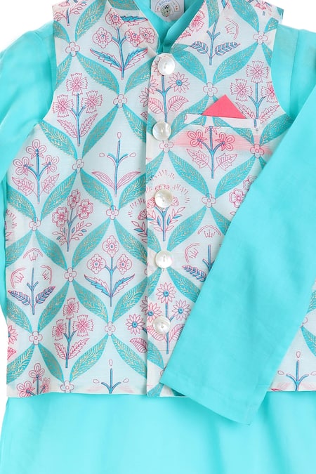 MI Dulce AN'YA_White Silk, Gingham, Gabardine Floral Printed Bundi Kurta Set _Online_at_Aza_Fashions