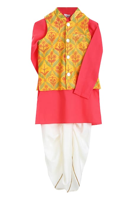 Mi Dulce An'ya Yellow Gots Certified Organic Cotton Floral Printed Bundi And Kurta Set 
