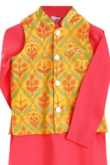 MI Dulce AN'YA Yellow Gingham, Silk Floral Printed Bundi And Kurta Set Online at Aza Fashions MI Dulce AN'YA_Yellow Gingham, Silk Floral Printed Bundi And Kurta Set _Online_at_Aza_Fashions