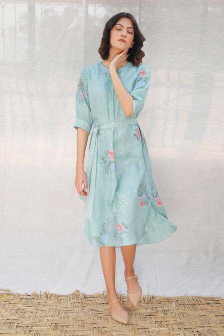 Arcvsh By Pallavi Singh_Blue Linen Round Printed Dress _Online_at_Aza_Fashions