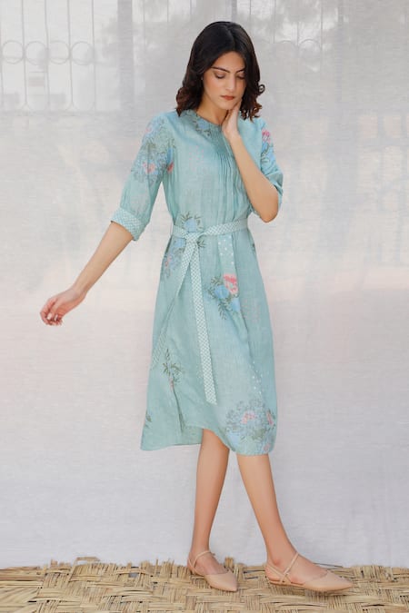 Buy_Arcvsh By Pallavi Singh_Blue Linen Round Printed Dress _Online_at_Aza_Fashions