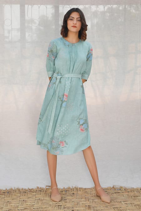 Shop_Arcvsh By Pallavi Singh_Blue Linen Round Printed Dress _Online_at_Aza_Fashions