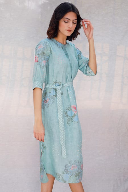 Arcvsh By Pallavi Singh_Blue Linen Round Printed Dress _at_Aza_Fashions