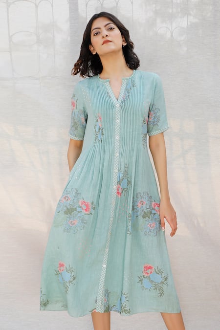 Buy Blue Linen Round Printed Dress For Women by Arcvsh by Pallavi Singh ...