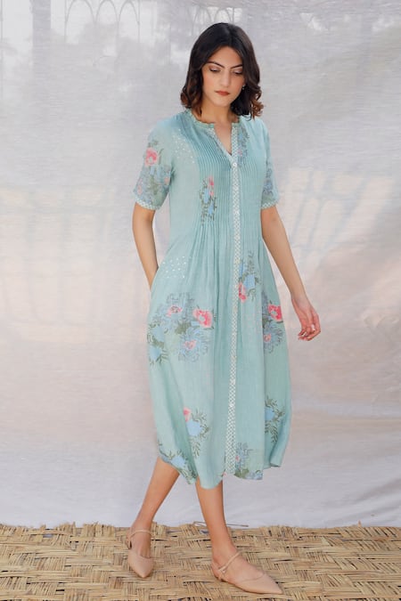 Arcvsh By Pallavi Singh_Blue Linen Round Printed Dress _Online_at_Aza_Fashions