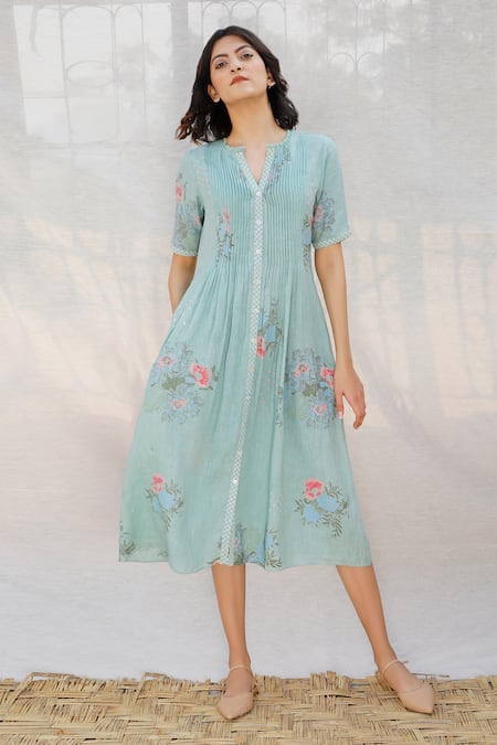 Buy_Arcvsh By Pallavi Singh_Blue Linen Round Printed Dress _Online_at_Aza_Fashions