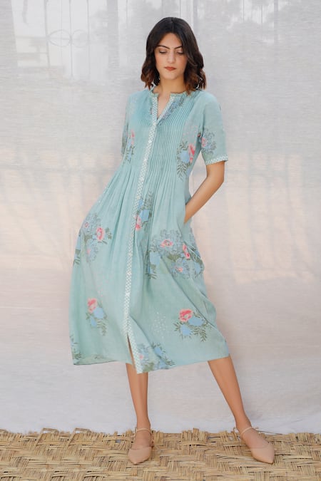 Shop_Arcvsh By Pallavi Singh_Blue Linen Round Printed Dress _Online_at_Aza_Fashions