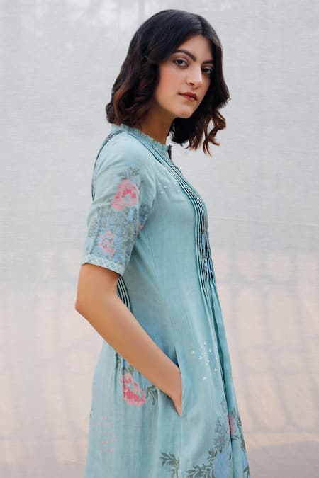Arcvsh By Pallavi Singh_Blue Linen Round Printed Dress _at_Aza_Fashions