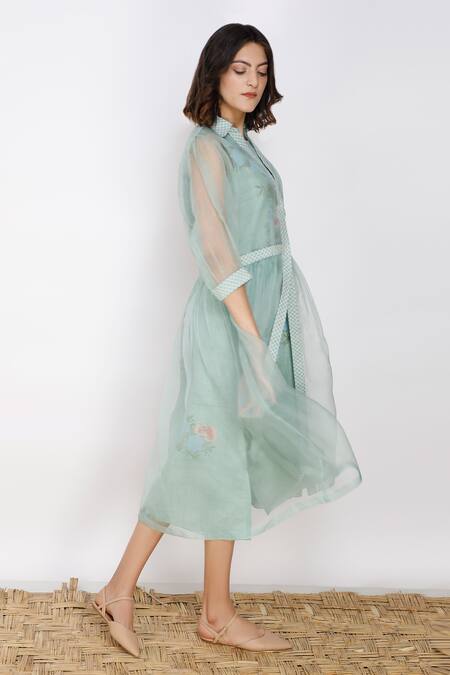 Arcvsh By Pallavi Singh_Blue Linen, Silk Organza Dress Round Jacket Collar And Set _Online_at_Aza_Fashions