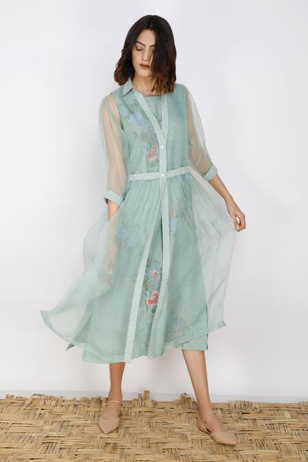 Buy_Arcvsh By Pallavi Singh_Blue Linen, Silk Organza Dress Round Jacket Collar And Set _Online_at_Aza_Fashions