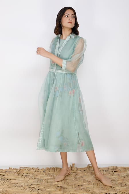 Shop_Arcvsh By Pallavi Singh_Blue Linen, Silk Organza Dress Round Jacket Collar And Set _Online_at_Aza_Fashions