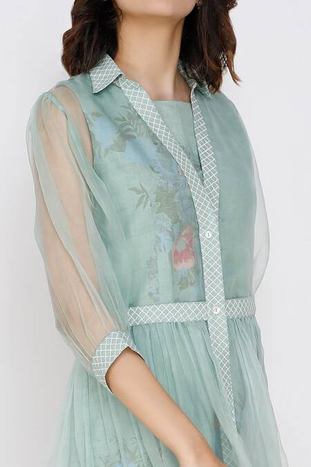 Arcvsh By Pallavi Singh_Blue Linen, Silk Organza Dress Round Jacket Collar And Set _at_Aza_Fashions