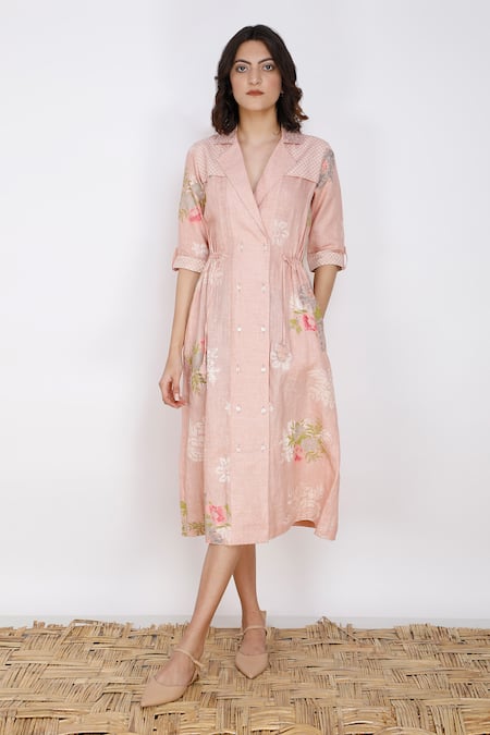 Arcvsh By Pallavi Singh_Pink Linen Lapel Collar Printed Shirt Dress _Online_at_Aza_Fashions