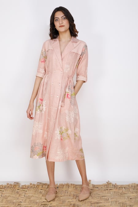 Buy_Arcvsh By Pallavi Singh_Pink Linen Lapel Collar Printed Shirt Dress _Online_at_Aza_Fashions