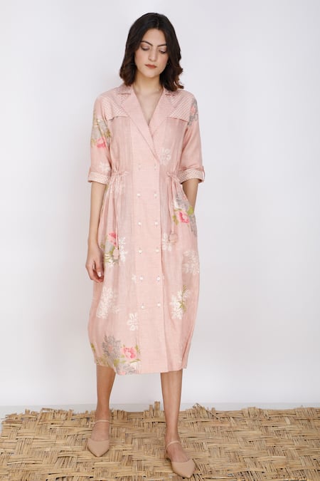 Shop_Arcvsh By Pallavi Singh_Pink Linen Lapel Collar Printed Shirt Dress _Online_at_Aza_Fashions