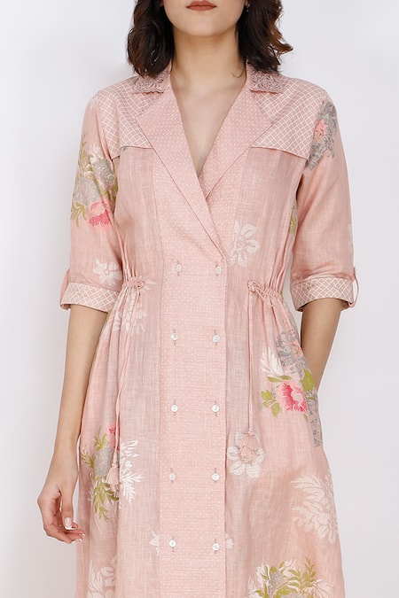 Arcvsh By Pallavi Singh Pink Linen Lapel Collar Printed Shirt Dress at Aza Fashions Arcvsh By Pallavi Singh_Pink Linen Lapel Collar Printed Shirt Dress _at_Aza_Fashions