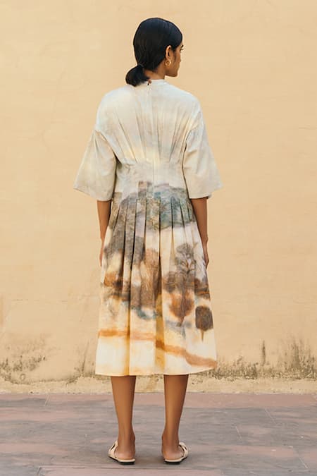 Shop Cord White Cotton Satin Boat Printed Empire Dress at Aza Fashions Shop_Cord_White Cotton Satin Boat Printed Empire Dress _at_Aza_Fashions