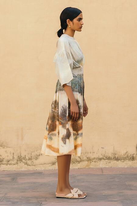 Cord White Cotton Satin Boat Printed Empire Dress Online at Aza Fashions Cord_White Cotton Satin Boat Printed Empire Dress _Online_at_Aza_Fashions